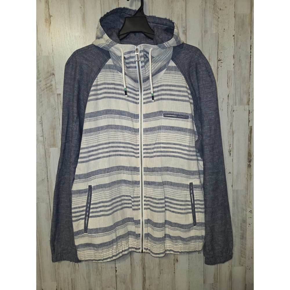 HOWE men L Hoodie Zip Jacket Linen Blend Lightweight Striped Bomber